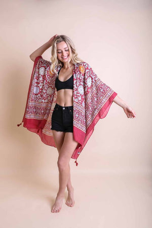 A Touch of Morocco Tassel Kimono in Mustard, Emerald, Red, Ivory & Blue