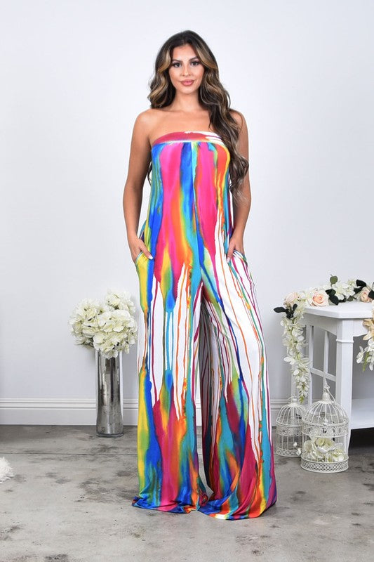Abstract Water Color Strapless Jumpsuit