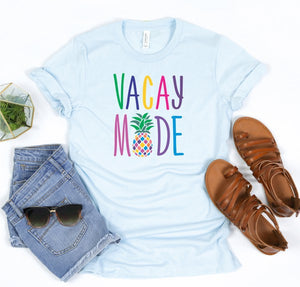 Vacay Mode Pineapple Crew Neck Tee in White, Ice Blue, Cream, Pink & Silver
