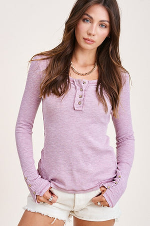 Raw Edge Ribbed Henley Top in Light Mauve, Beige, Hot Pink, Ivory & Charcoal