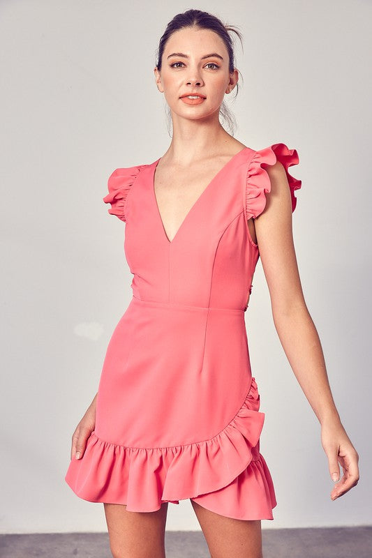 Lace Up  Ruffle Mini Dress in Pink Punch