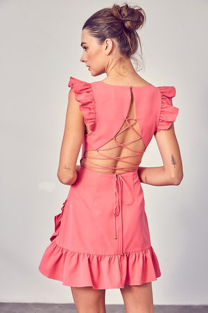 Lace Up  Ruffle Mini Dress in Pink Punch