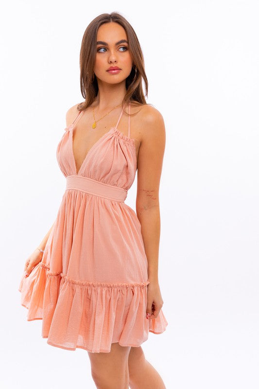 Hello Babydoll Halter Tiered Mini Dress in Apricot & Pistachio