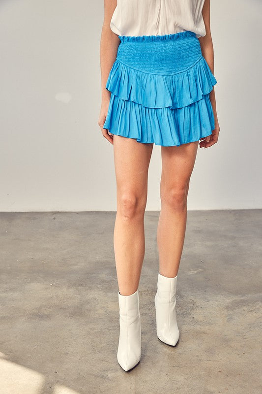 Tiana Smocked, Ruffled Mini Skirt with Shorts in River Blue