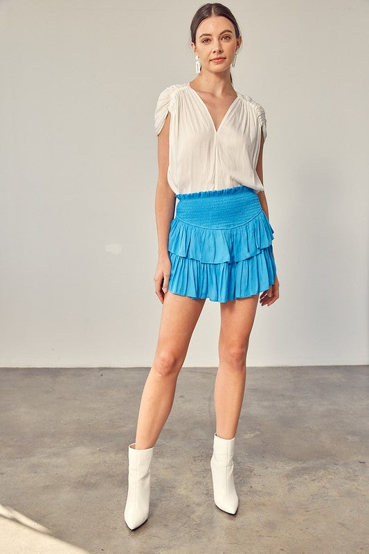 Tiana Smocked, Ruffled Mini Skirt with Shorts in River Blue