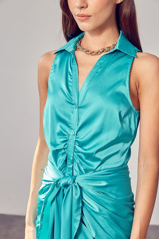 Femme Fatale Sleeveless Mini Shirt Dress in French Green