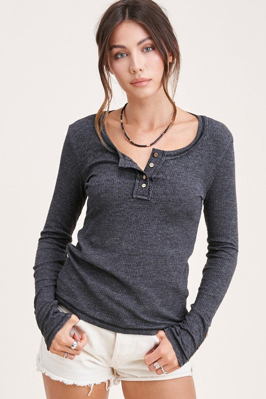 Raw Edge Ribbed Henley Top in Light Mauve, Beige, Hot Pink, Ivory & Charcoal