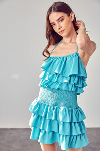 Sweet Ruffles Smocked Romper in Aqua Blue