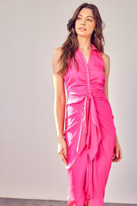 Femme Fatale Sleeveless Midi Shirt Dress in Hot Pink