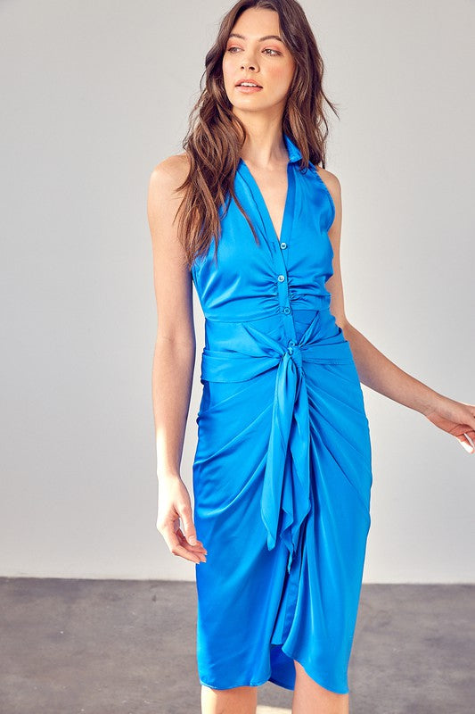 Femme Fatale Sleeveless Midi Shirt Dress in Maldive Blue