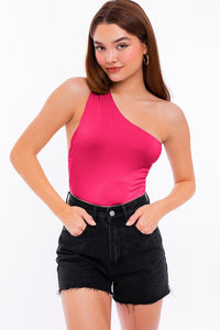 Daring One Shoulder Bodysuit in Fuchsia & Taupe