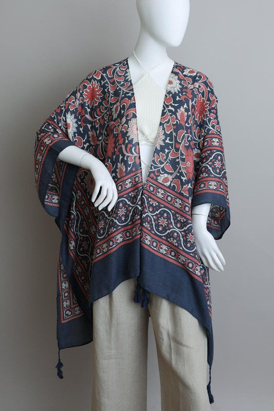 A Touch of Morocco Tassel Kimono in Mustard, Emerald, Red, Ivory & Blue