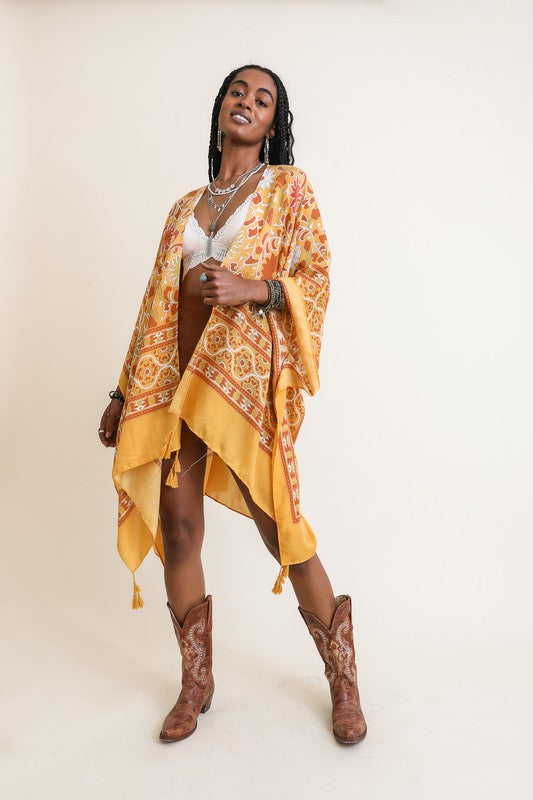A Touch of Morocco Tassel Kimono in Mustard, Emerald, Red, Ivory & Blue