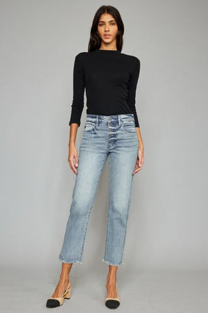 Elisa Button Fly Raw Hem Cropped Straight Jeans