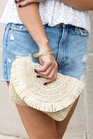 Frayed Frayed Fold-Over Straw Clutch in Natural