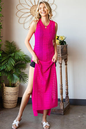 Sheer Beauty Openwork Sleeveless Split Dress in Hot Pink