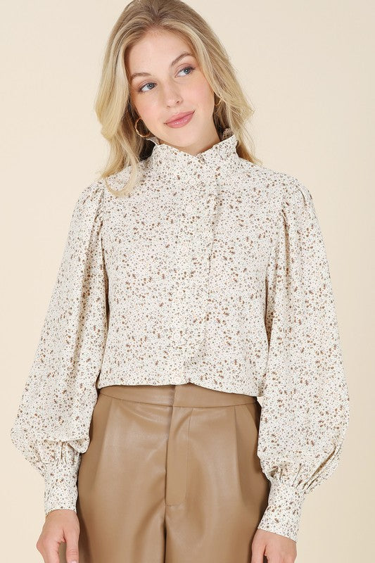 Stand Up Collar Floral Blouse in Ivory Floral