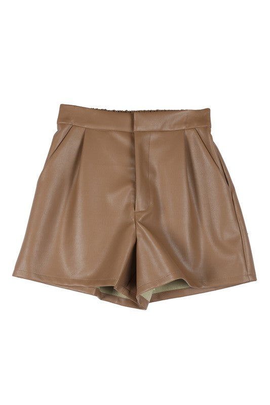 Modern Vegan Leather Shorts in Green & Brown