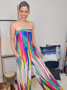 Abstract Water Color Strapless Jumpsuit