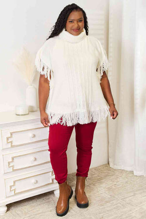 Hallie Turtle Neck Fringe Poncho in Ivory