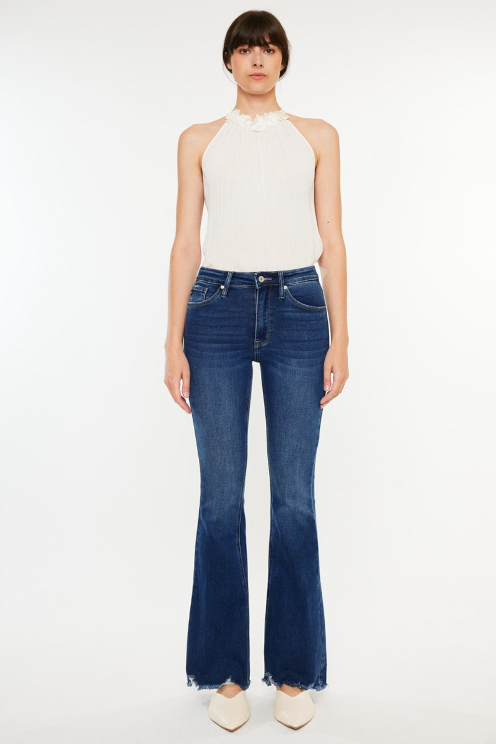 Alora Raw Hem Flare Jeans in Dark Wash