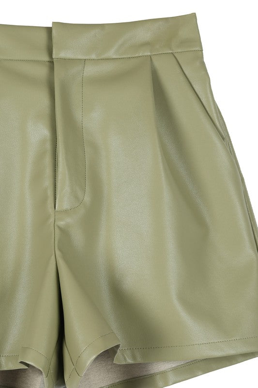 Modern Vegan Leather Shorts in Green & Brown