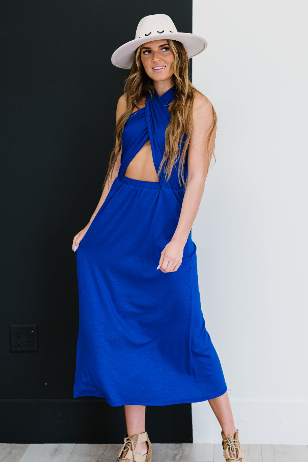 Limitless Options Multiway Convertible Dress in Toffee & Royal Blue