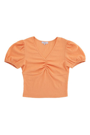 Charlotte Shirred Puff Sleeve Top in Orange & Black