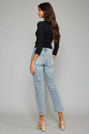 Elisa Button Fly Raw Hem Cropped Straight Jeans