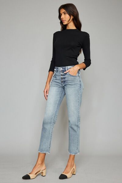 Elisa Button Fly Raw Hem Cropped Straight Jeans