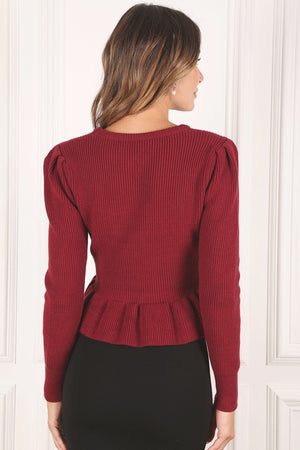 Pretty Peplum Sweater Top in Burgundy & Ivory