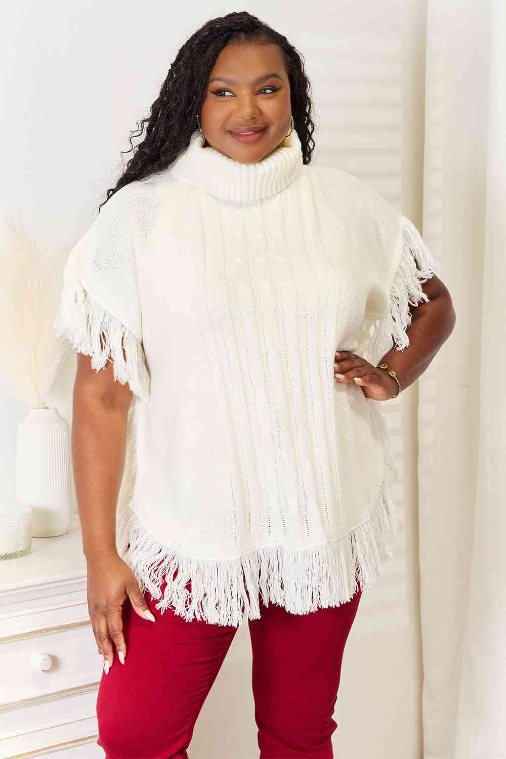 Hallie Turtle Neck Fringe Poncho in Ivory