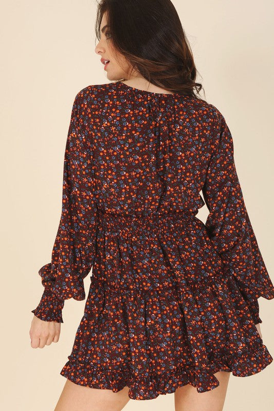 Ditsy Tiered Floral Mini Dress in Burgundy
