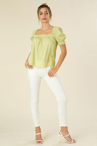 Gingham Style Puff Sleeve Blouse in Green