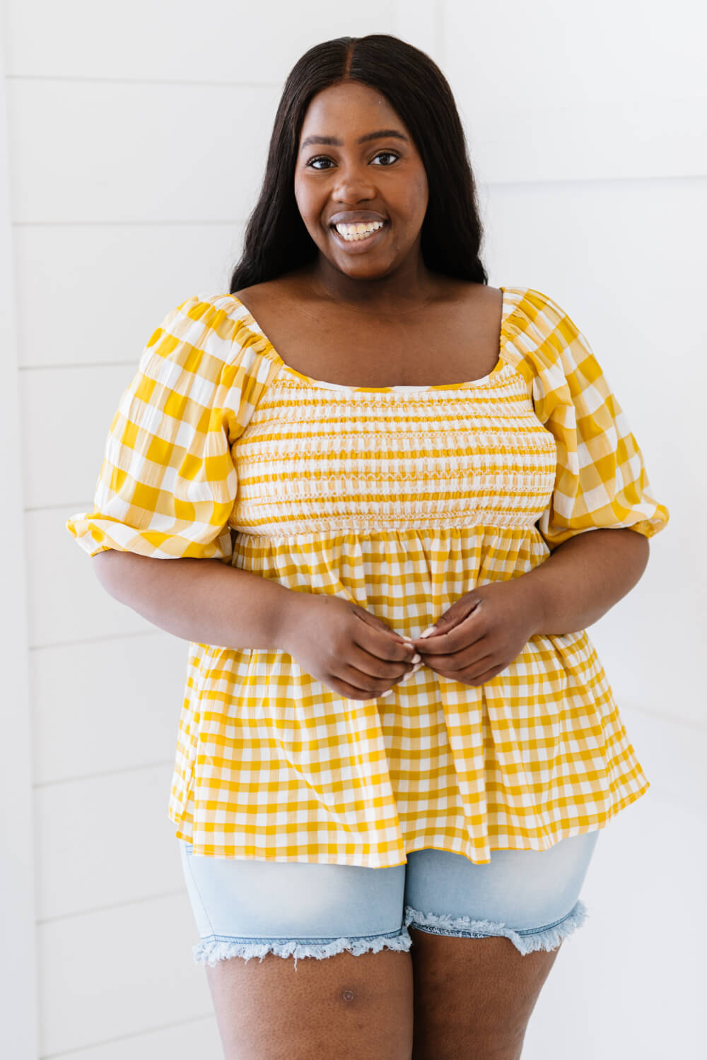 Fun At The Park Gingham Babydoll Top in Mustard