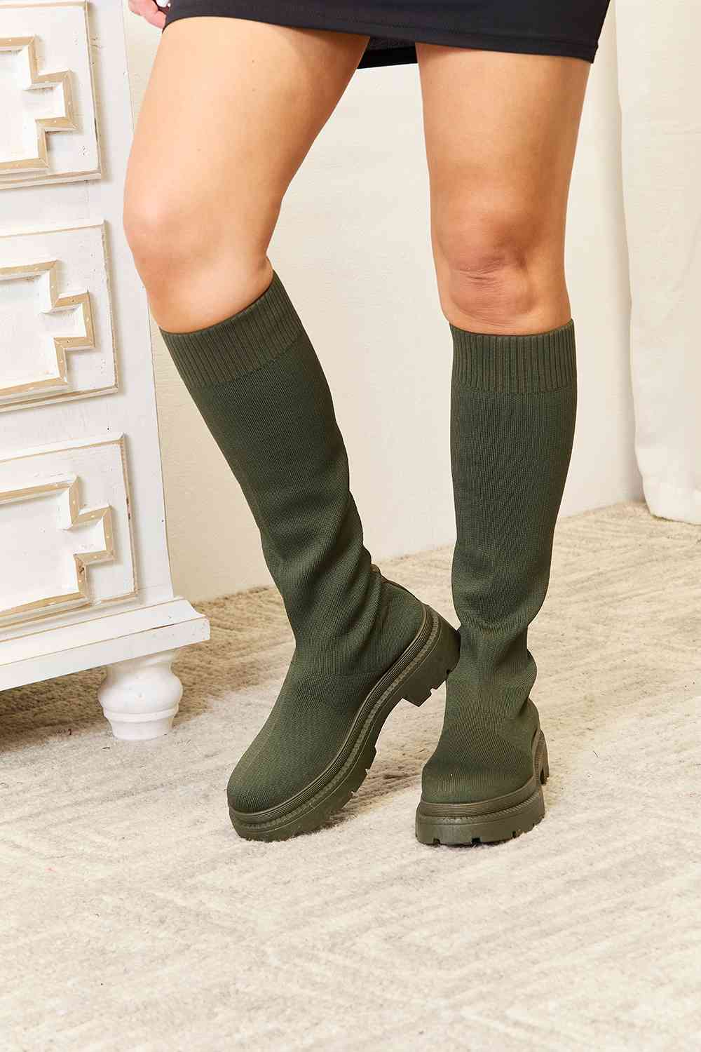 Gianna Knee High Platform Sock Boots in Olive