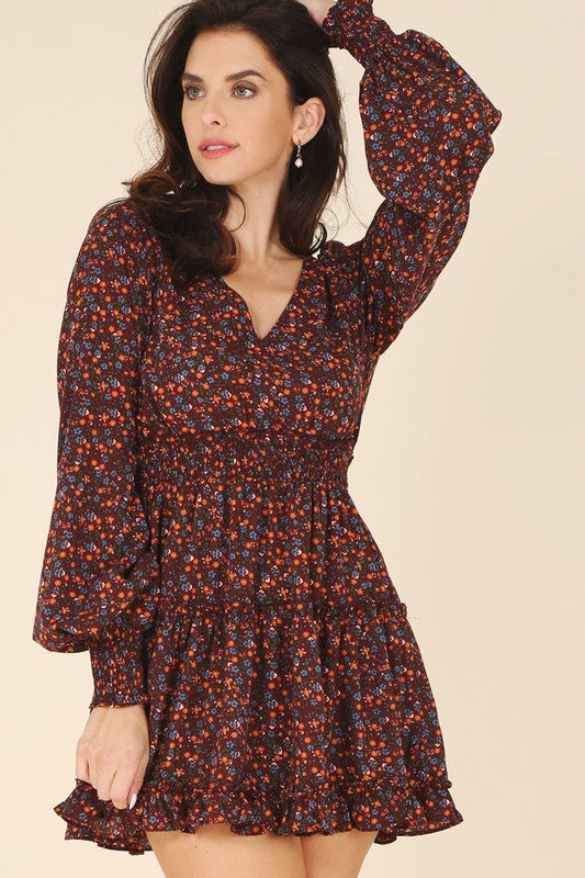 Ditsy Tiered Floral Mini Dress in Burgundy