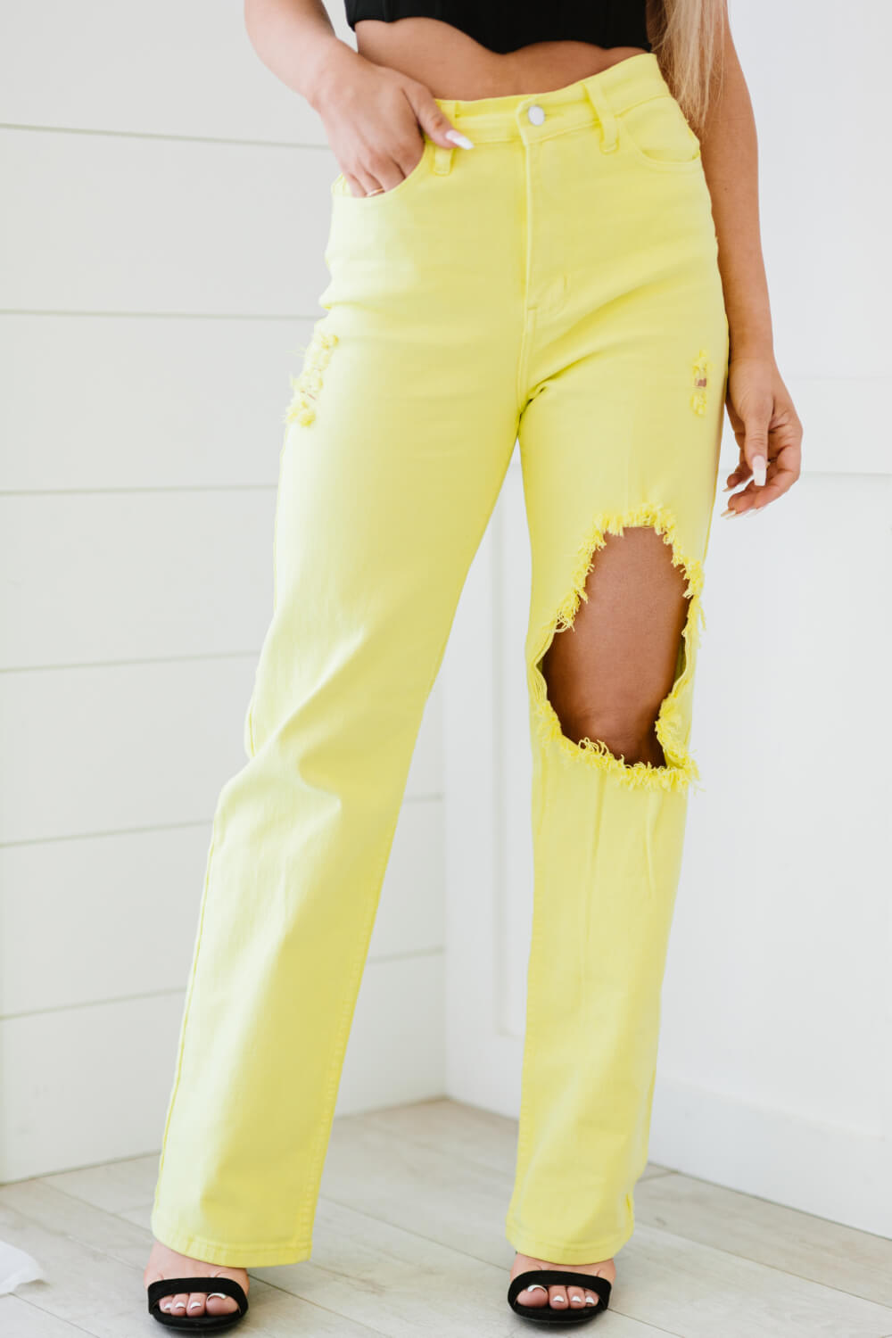 Shine Bright Destroyed Wide Leg Jeans in Neon Lime