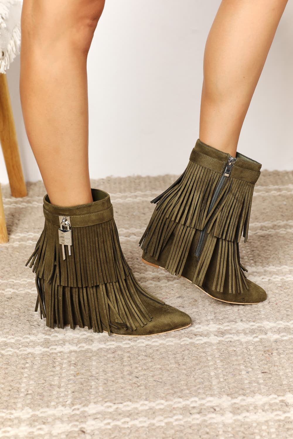 Fringe Worthy Wedge Heel Ankle Booties in Olive