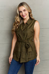 Naomi Sleeveless Collared Button Down Top in Army Green