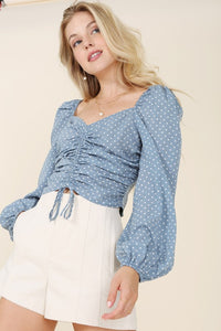 Polka Dots & Puff Sleeves Ruched Blouse