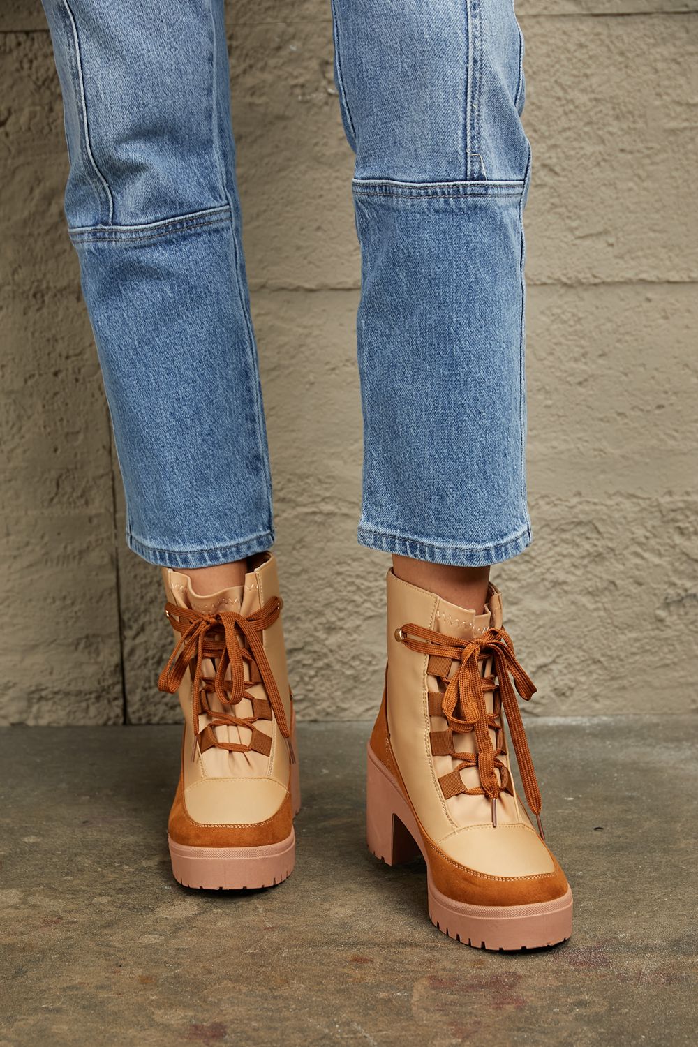 Stylin' Lace Up Lug Booties in Tan