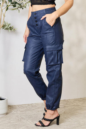Tyler Faux Leather Cargo Joggers in Navy