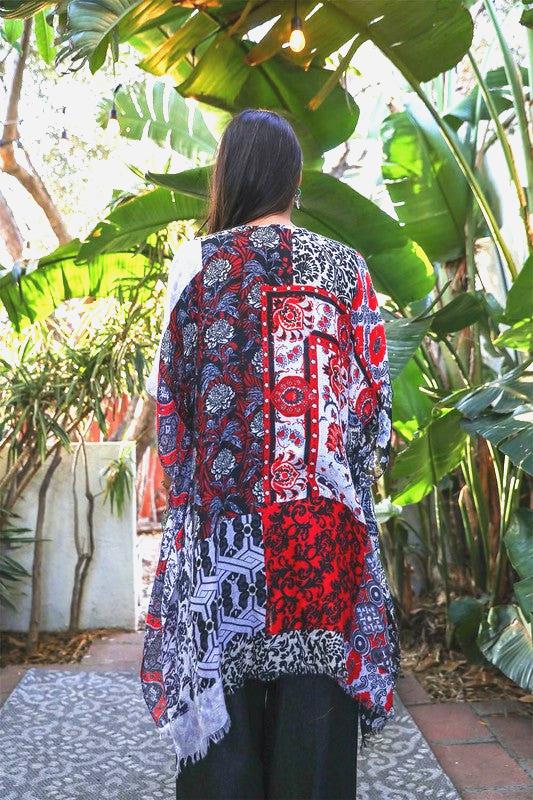 Bohemian Floral Patchwork Kimono in Mint, Red & Sky Blue