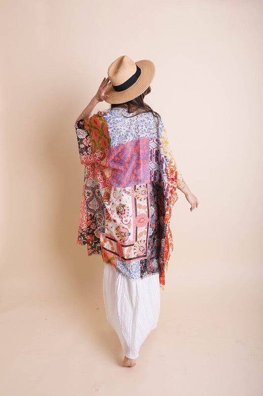 Bohemian Floral Patchwork Kimono in Mint, Red & Sky Blue