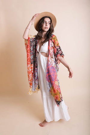 Bohemian Floral Patchwork Kimono in Mint, Red & Sky Blue