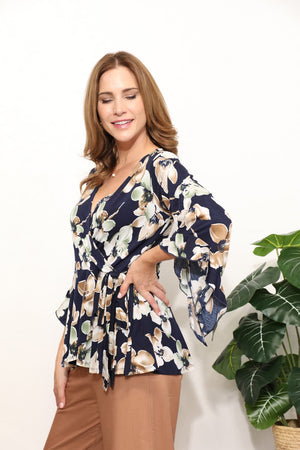 Floral Angel Sleeve Top with Wrap Tie Body