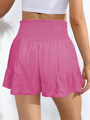 Zuri Smocked Tie-Front High-Rise Shorts in Forest, Fuchsia Pink, Sky Blue, & Navy