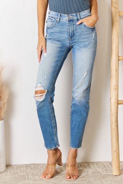 Paulina Distressed Slim Straight Jeans in Medium Wash