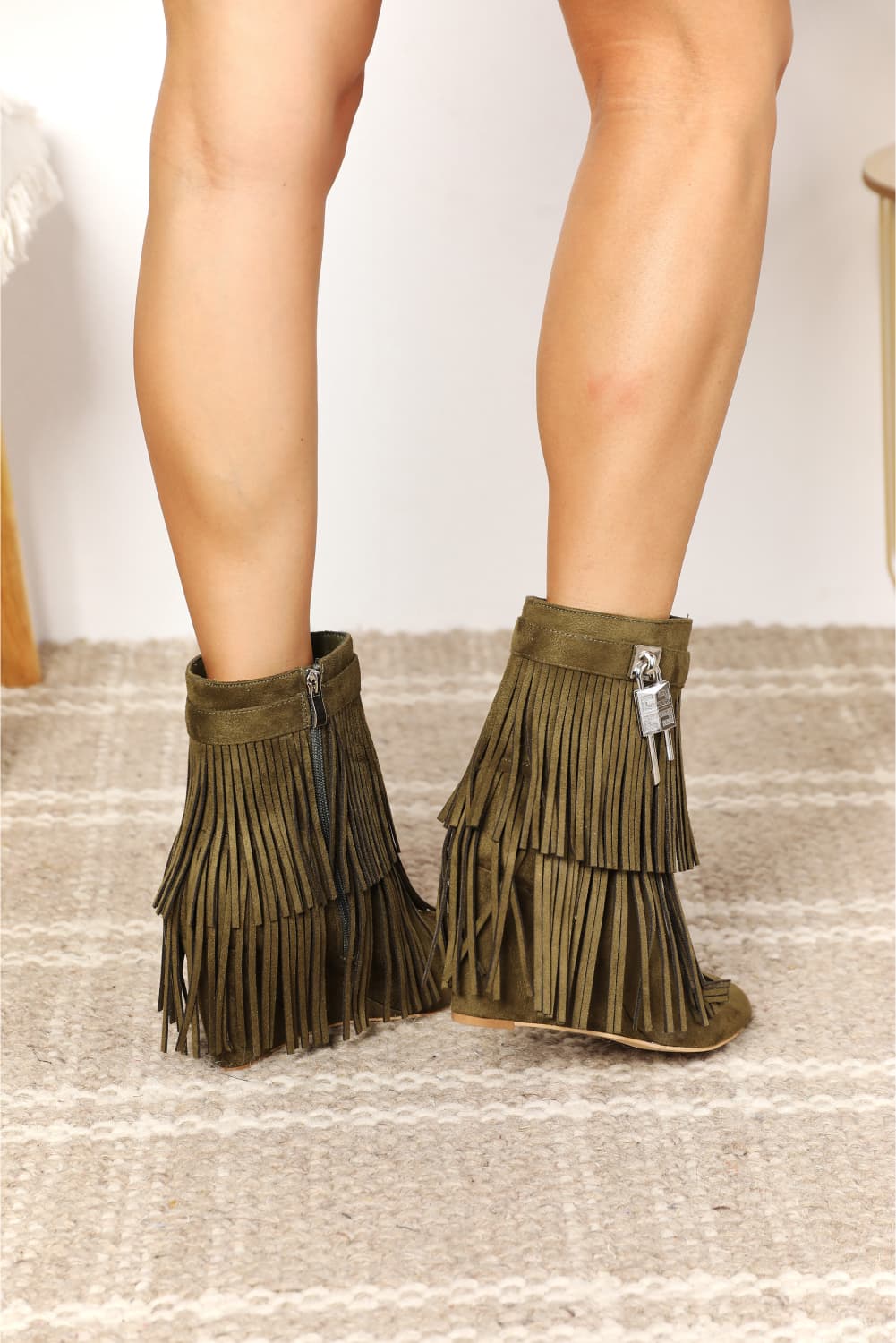 Fringe Worthy Wedge Heel Ankle Booties in Olive